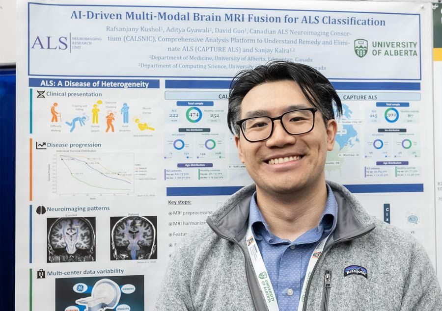 David beside his ALS MRI fusion poster at the Gairdner AI + Health Symposium